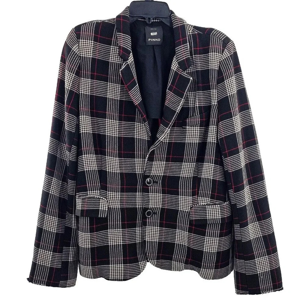 Pinko Paolo Plaid Plaid Blazer Black White Red Size US 10 Euro 42